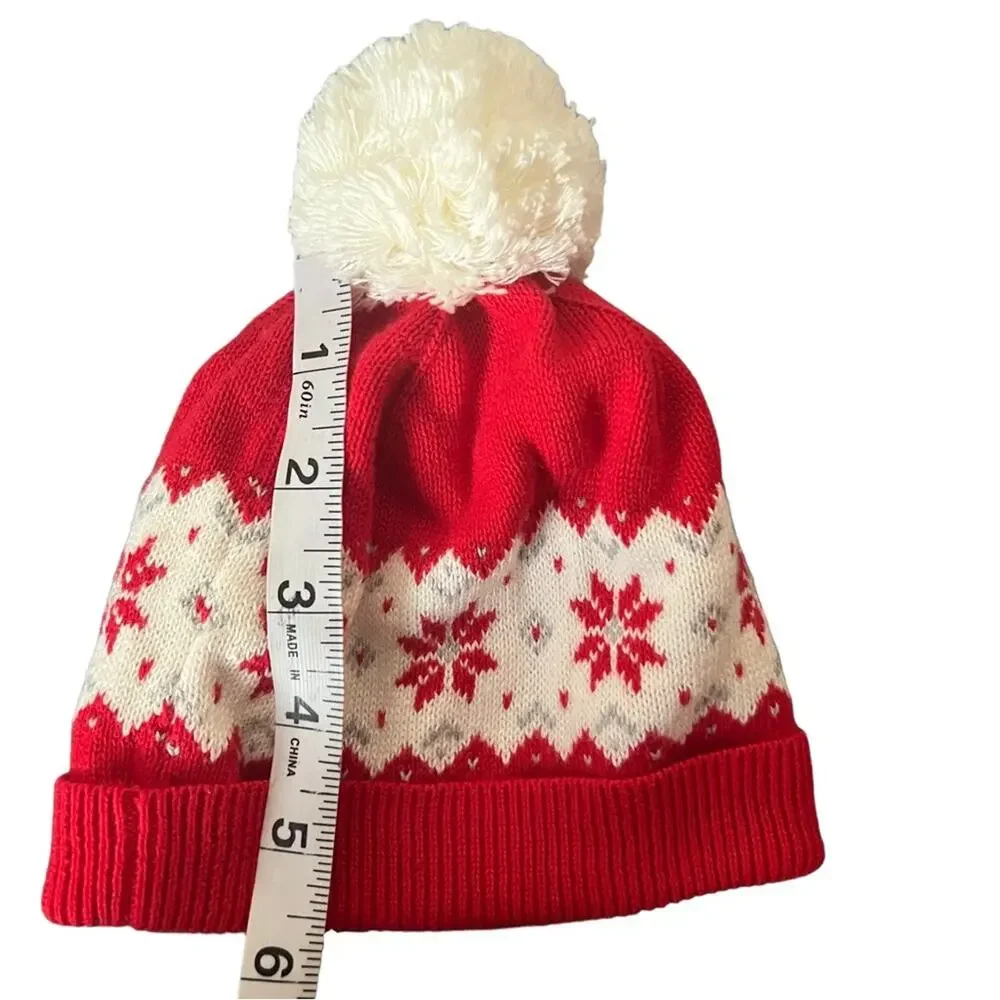 Janie And Jack Red Snowflake Pom Pom Beanie Size 6 - 12 M